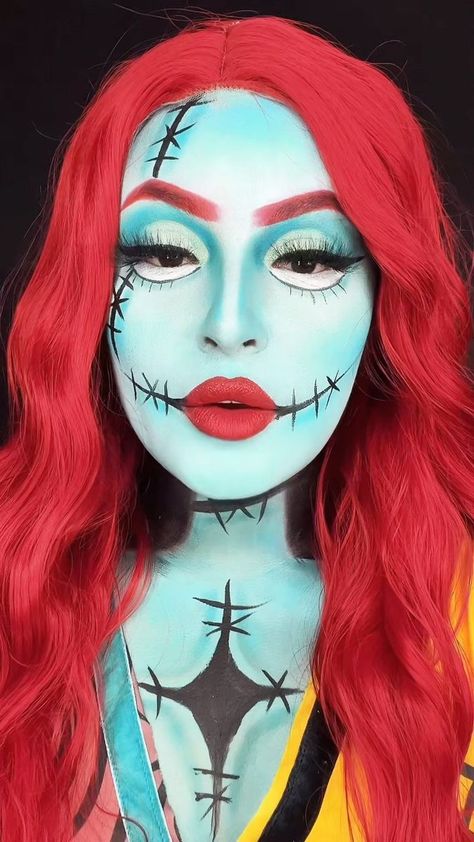 Sally Face Paint, Sally Make Up, Sally Easy Makeup, Sally Makeup Eyeshadow, Sally Skellington Makeup, Sally Makeup Halloween Tutorial, Sally Makeup Nightmare Before Christmas, Sally Makeup, Sally-nightmare-before-christmas Makeup