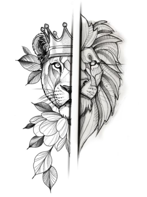 Lion And Lioness Tattoo, Ankle Band Tattoo, Matching Tattoos For Couples, Pair Tattoos, Couple Tattoo Ideas, Lion Art Tattoo, Tattoos For Couples, Catrina Tattoo, Lioness Tattoo