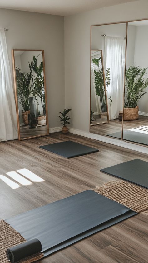 Transform your space into Libra's serene yoga haven ⚖️✨ Balance meets beauty with a symmetrical equipment layout, full-length mirrors, and zen-inspired decor. Embrace the tranquility of calming colors that harmonize your body and mind, inviting peace and poise into your practice. 🧘‍♀️🌿 Calm Yoga Room, Relax Space Design, Yoga Set Up At Home, Yoga Room Aesthetic, At Home Yoga Space, Yoga Room Ideas Home, Wellness Room At Home, Yoga Space At Home, Yoga Room Ideas