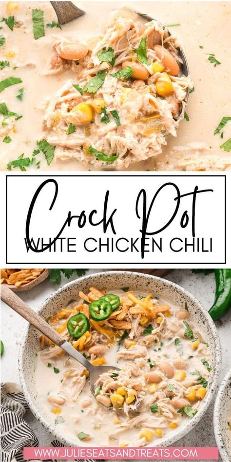 Crock Pot White Chicken Chili is a delicious and easy soup recipe made in your slow cooker. Tender shredded chicken, onion, beans, green chiles and seasonings make this creamy chili full of flavor. White Chicken Chili Recipe Crockpot, Chili Contest, Crockpot Recipes Mexican, Easy Crockpot Recipes Healthy, White Chicken Chili Slow Cooker, The Chunky Chef, Chicken Crockpot Recipes Healthy, Chicken Chili Crockpot, Chunky Chef