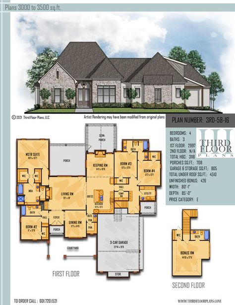 This exquisite 4 bedrm 3 bath home plan has a side load 3 car garage with storage. Open concepts & rear views all the way through. A chefs’ kitchen w/ butler’s pantry, walk in pantry, large island & is open to the keeping rm w/ fireplace & views of the screened porch. The computer rm is right off the kitchen. The living rm has a fire place w/ rear views of the large porch. Bedrms 3 & 4 share a Jack & Jill bath. The bonus rm could be a 5th bedrm and 4th bath. All for just under 3200 Sq Ft. H&C Friends Entry, Home Plans One Story, Craftsman Style Home Plans, Keeping Room With Fireplace, Acadian Cottage, Garage With Storage, Cottage Craftsman, Master Suite Bedroom, Large Porch