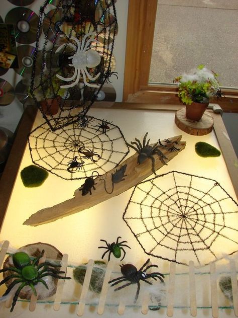 Spider light table invitation Reggio Light Table Provocations, Spider Science, Light Box Ideas, Spider Habitat, Light Box Activities, Science Table, The Very Busy Spider, Spider Theme, Chandelier Diy