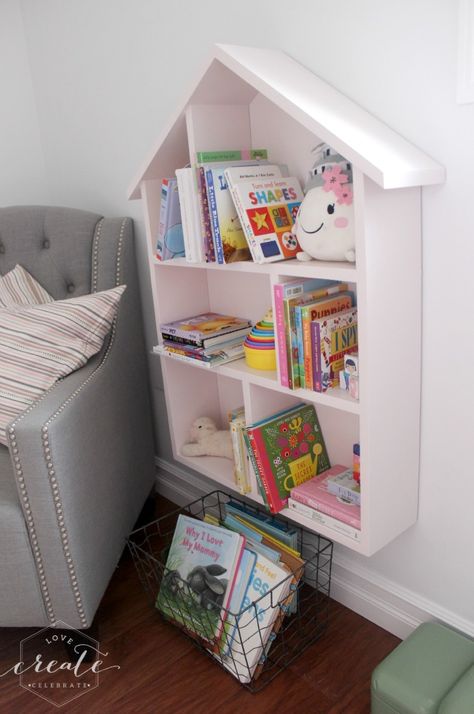 I have another SUPER exciting project to share with you today! I’ve seen a few house-shaped bookshelves in stores before,… House Bookshelf, Girls Bookshelf, Home Bookshelf, Nursery Bookshelf, Toddler Bedroom Girl, Big Girl Bedrooms, Toddler Girl Room, Decor Ikea