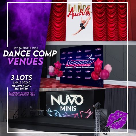 Dance Competition Lots (Plus Backdrops) | Patreon Sims 4 Dance Competition, Sims 4 Dance Studio Lot, Sims 4 Dance Studio, Sims College, Sims 4 Dance, Sims Poses, Dance Background, Dance Comp, Family Decals