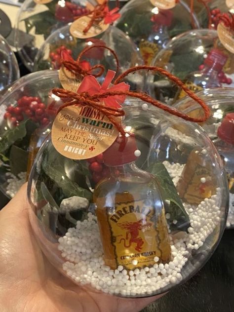 Coworker Christmas Gifts Alcohol, Mini Alcohol Christmas Gift, Fireball Christmas Gift, Fireball Gifts Ideas Diy, Fireball Favors, Liquor Ornaments, Christmas Liquor Gift Ideas, Fireball Gift Ideas, Alcohol Christmas Gifts