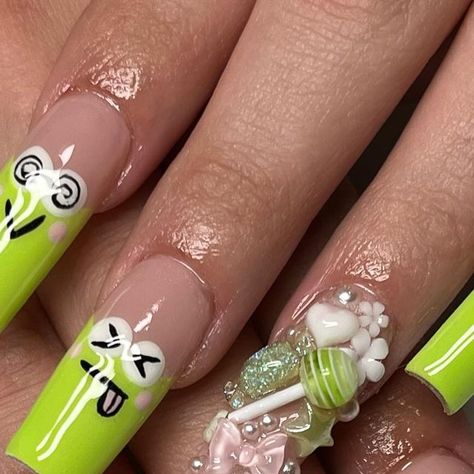 ELPASO TEXAS NAILS 🪬ミ★ on Instagram: "keroppi ˚ ༘ .˚🌱୭ ˚. ᵎᵎ - inspo @kaitskreationssf & @venusnailsxo  .⋆*✦*⋆✩⋆*✦*⋆ ✧ ✧ #nails #acrylic #nailsnailsnails #bombnails #elpasotexas #booknow #mynailtech #nailstagram #hellokittynails  #longnails #cutenails #epnails #texasnails #nailgoals #nailsofinstagram #nailpro #nailmagazine #915nails #pressons #sanrionails #nailartist #acrylic  #explore #like #followme #nailaccount #viral #nailz #artist #aspiringnailtech" Pompompurin Nails Acrylic, Keroppi Nails Short, Keroppi Nails, Keroppi Acrylic Nails, Frog Nails Coffin, Dinosaur Nails, Sanrio Nail Charms, Elpaso Texas, Texas Nails