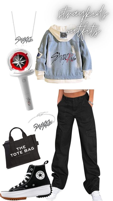 Go To Look! For Concert, Or For Any Nice Day Out! - cargo pants - starykids jacket - straykids lighstick - straykids bracelet -straykids necklace - tote bag - converse high Straykids Outfit, Converse High, Nice Day, Converse All Star, Cargo Pants, All Star, Marc Jacobs, To Look, That Look