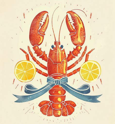 Vintage Illustration of Lobster with Blue Ribbon and Lemon Slices Red And White Color Palette, White Color Palette, Inspirational Digital Art, Photography Movies, Lemon Slices, Photography Games, Lemon Slice, Cream Background, Blue Ribbon