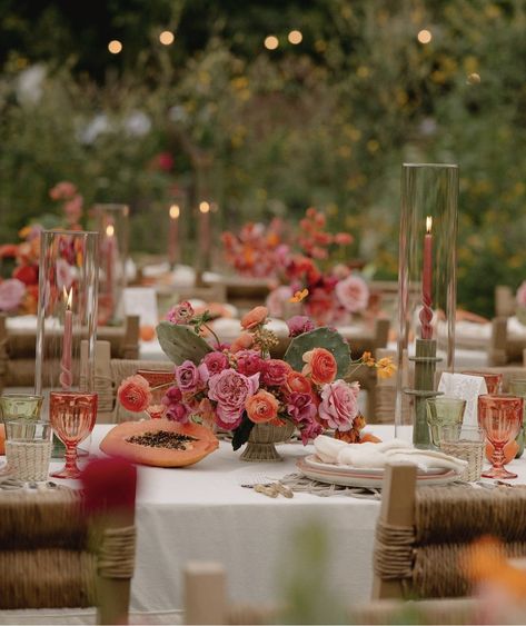 Moody Tablescape, Low Wedding Centerpieces, Wedding Pastel, Orange And Pink Wedding, Flora Farms, Pink Wedding Colors, Color Palette Inspiration, Engagement Dinner, Candle Table Decorations