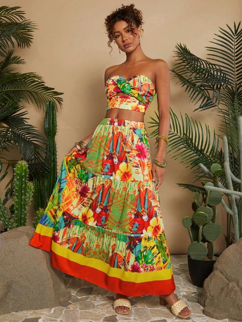 Holiday Woven Print Bandeau Top & High Waist Skirt Women's 2 Piece Set Multicolor Boho    Floral,Tropical,Plants  Non-Stretch  Women Clothing, size features are:Bust: ,Length: ,Sleeve Length: Tropical Skirt, Flower Print Blouse, Bandeau Tops, Ruched Skirt, High Waist Skirt, Vestido Casual, Bandeau Top, Kids Sleepwear, Boho Floral