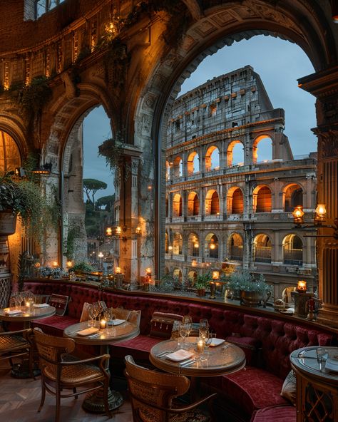 Interior View of Luxury Double Height Colosseum Arched Restaurant Michelin Restaurant Interior, Restaurant Building Exterior, Classic Cafe Interior, Vintage Italian Restaurant, 1940s Italy, Rome Cafes, Italian Restaurant Interior, Luxurious Chandelier, Italian Restaurant Decor