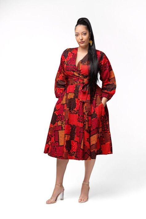 Red African Print Dress Ankara Styles, Ankara Wrap Dress Styles, Ankara Wrap Dress, Ankara Midi Dress, Short Ankara Dresses, Kitenge Dress, Dress African Print, Ankara Styles For Women, Ankara Dress Styles