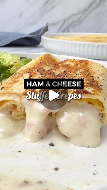 Isabelle Dunn | French Recipe Videos on Instagram: "CHEESE STUFFED CRÊPES 🇫🇷🧀 Recipe👇🏼

Savoury crepes are a French classic and a nostalgic  one for me, as really brings back childhood memories! Instead of ham, you can experiment with other fillings such as cooked sliced mushrooms 👌🏼

📍SAVE this post to give this recipe a try 

👩🏻‍🍳 To make 8x stuffed pancakes (2 per person)

Crêpes:
700ml full fat milk
350g flour 
1tsp salt
4 eggs
50g melted butter

Béchamel:
50g butter
50g flour
600ml full-fat milk
100g freshly grated cheese 
200g ham, finely chopped
1/2 tsp nutmeg 
Salt & pepper 

⭐️Mix all the crepe ingredients, set aside for 30mins to thicken slightly. Heat a pan and grease with a small amount of butter and oil, cook each pancake for 1-2 minutes on each side until cooked an Savoury Crepes, Stuffed Pancakes, Stuffed Crepes, Crepe Ingredients, French Recipe, Crepe Batter, Cheese Pancakes, Savory Crepes, French Classic