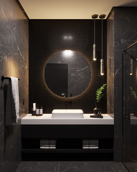 Black Bathroom on Behance Dark Modern Bathroom, Small Dark Bathroom, Black Tile Bathrooms, Dark Bathroom Ideas, Toilette Design, Illustration Interior, Bathroom Design Black, Luxury Master Bathrooms, Bohemian Bathroom