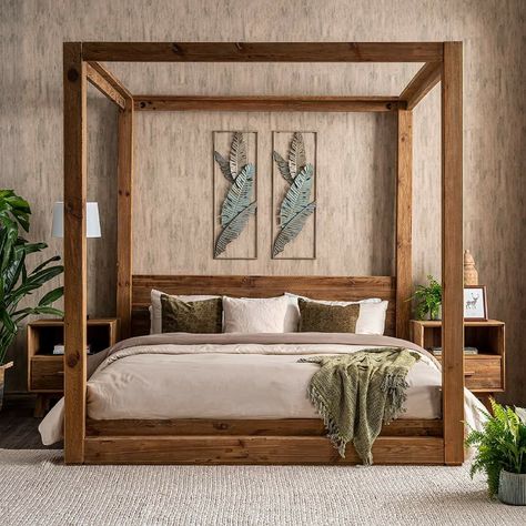 Wooden Four Poster Bed With Curtains, Wood 4 Poster Bed Master Suite, 4 Poster Bed Frame, Rustic Four Poster Bed, Wooden 4 Poster Bed, Four Poster Bed Diy, Rustic Bed Ideas, Diy King Canopy Bed Frame, Mast Bedroom Inspiration