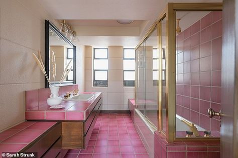 Another of the bathrooms is lined with pink tiles and brass accents around the shower Frank Lloyd Wright Buildings, Lloyd Jones, Pink Tiles, Tulsa Oklahoma, Stained Concrete, En Suite Bathroom, Tile Work, Frank Lloyd, Frank Lloyd Wright