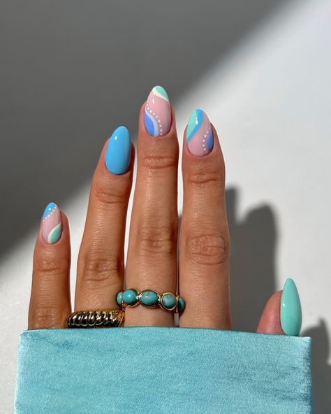 summer turquoise swirls 🩵🦋🐬🫐 rings from @luvaj - linked in my bio ✨ #nails #nailinspo #nailart #naildesign #turquoisenails #summernails Bio Nails, Pink Tip Nails, Cruise Nails, Beachy Nails, August Nails, Turquoise Nails, Nails Yellow, Subtle Nails, Girly Acrylic Nails