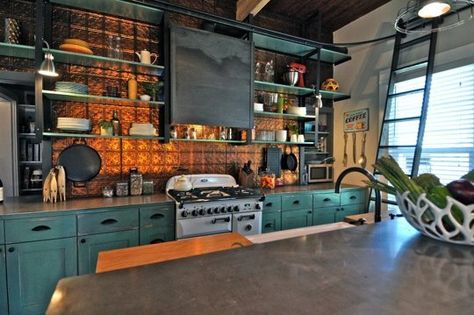 8 Shining Examples of Tin Tiles in the Kitchen — Look We Love Subtle Backsplash, Metal Wall Paneling, Teal Kitchens, Southwest Cabin, Tin Tile Backsplash, American Tin Ceiling, Spanish Casa, Tin Ceilings, Patterned Tile Backsplash