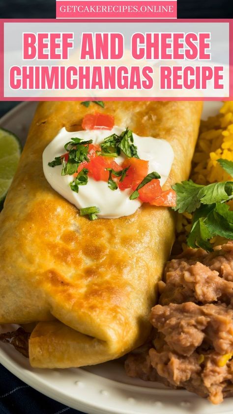 The image shows a plate with a beef and cheese chimichanga topped with sour cream, diced tomatoes, and cilantro. It is served with yellow rice, refried beans, and a lime wedge. Cheese Chimichanga Recipe, Chimichangas Recipes, Beef And Cheese Chimichangas, Chimichanga Beef, Quick Beef Recipes, Mushroom Nails, Foods Dinner, Grilled Dinner Recipes, Chimichanga Recipe