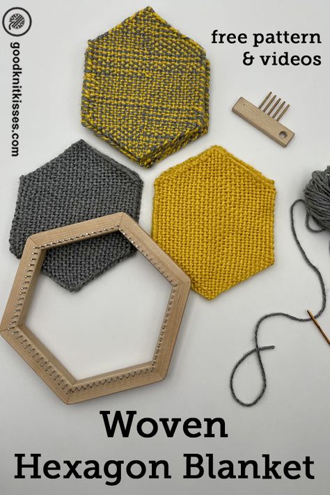 Make a Beautiful Woven Hexagon Blanket! - GoodKnit Kisses Hexagon Pin Loom Patterns, Hexagon Loom Weaving, Hexagon Knitting Pattern Free, Woven Blanket Diy, Knit Hexagon, Hexagon Knitting, Pattern Design Template, Pin Loom Weaving, Hexagon Blanket