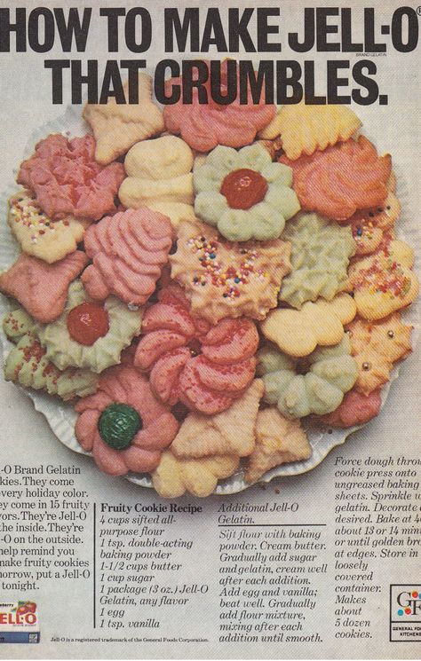 vintage jell-o recipe to make holiday spritz cookies. Cookie Press Recipes, Cupcakes Fruit, Jello Cookies, Fruity Cookies, Jello Gelatin, Spritz Cookie Recipe, Jello Desserts, Cream Cupcakes, Spritz Cookies