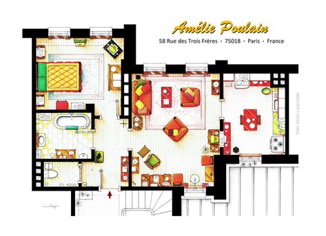 AMELIE: Amelie Poulain's Montmartre Apartment Floorplan | nikneuk Amelie Apartment, Apartment Floor Plan, Don Draper, Montmartre Paris, Tv Land, Sims Freeplay, Sims 4 Houses, Sims House, House Flooring