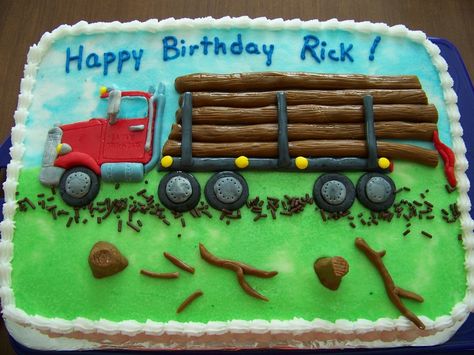 This is a white cake with buttercream icing.  The truck, logs and stumps are made from marshmellow fondant Truck Cake Ideas, Semi Truck Cakes, Truck Birthday Cake, Log Truck, Truck Birthday Cakes, Monster Truck Cake, Cakes Decorating, Truck Cake, Cake With Buttercream