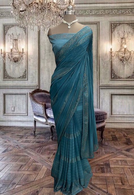 Shaded blue georgette saree with Kundan work and art silk blouse piece Blue Party Saree, Teal Blue Saree, Classy Sarees, School Farewell, Clothes Cupboard, Ombre Saree, Blue Georgette Saree, Blue Sarees, Indian Fits