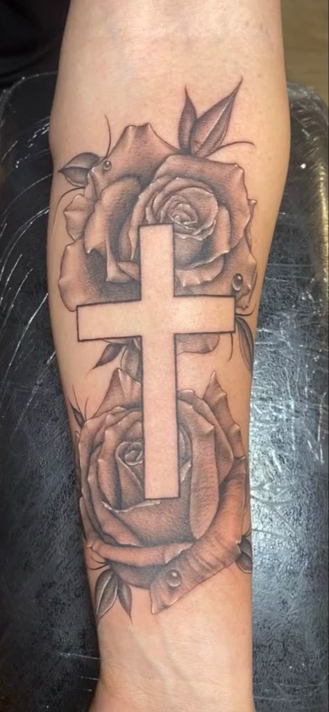 Tattoo, Roses, Cross Cross And Angel Tattoo, Cross Arm Tattoo Women, Cross Roses Tattoo, Big Cross Tattoos, Tattoos For Women Cross, Women Cross Tattoo, Cross Rose Tattoo, Cross With Roses Tattoo, Rose Cross Tattoo