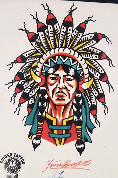 American Traditional Indian Chief Tattoo, Indian Traditional Tattoo, Traditional Native American Tattoos, Indian Tattoos For Men, Traditional Tattoo Indian, Red Indian Tattoo, Indian Chief Tattoo, Chief Tattoo, Wolf Tattoo Traditional