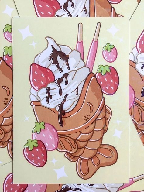 Japanese Desert, Desert Easy, Crab Wall Art, Art Ice Cream, رسم كاريكاتير, Holographic Paper, Holographic Print, Ice Cream Print, Food Illustration Art