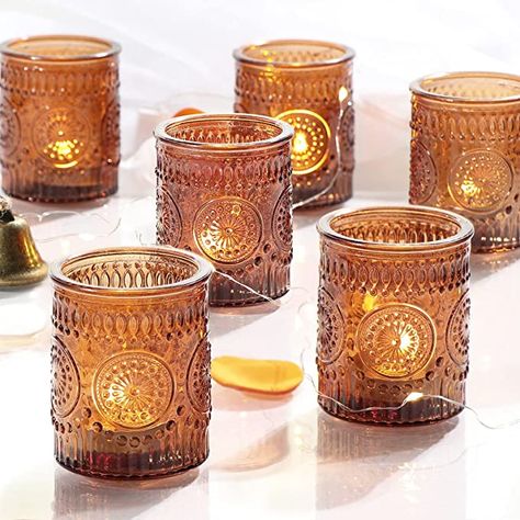 Boho Baby Shower Decorations, Amber Glass Candle, Amber Candle, Glass Votive Candle Holders, Led Tea Lights, Boho Wedding Decorations, Theme Color, Glass Candle Holder, Glass Votive