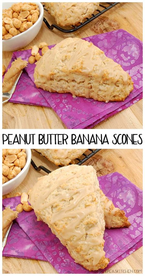 Bisquick Banana Scones, Peanut Butter Banana Scones, Peanut Butter Scones Recipe, Banana Scones Easy, Banana Scones Recipe Easy, Peanut Butter And Banana Recipes, Banana Peanut Butter Recipes, Banana Scones Recipe, Peanut Butter Scones