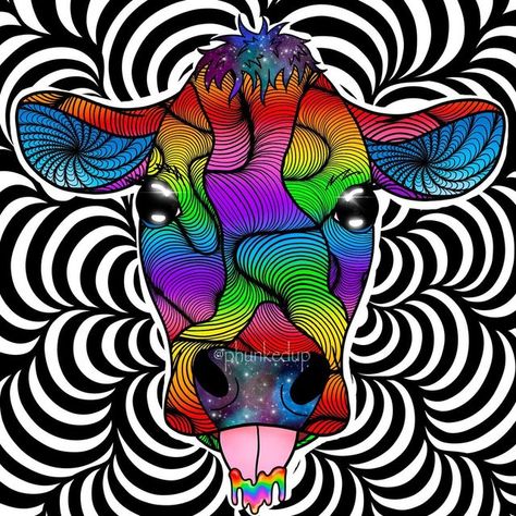 Trippy Prints, Rainbow Animals, Cow Drawing, Trippy Artwork, Stay Creative, Trippy Drawings, Indie Art, Cow Art, A Cow