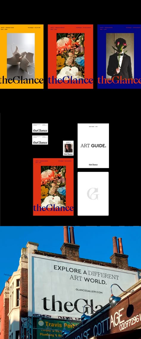 Ted Oliver - Branding for theGlance Gallery Created by Ted Oliver – We were invited to develop the visual identity for theGlance, as a virtual art gallery located in New York City. theGlance is a platform to connect you with the artist. Art is seen with the eyes and felt with the heart. The company provides the private service with the best selections to create artists' careers. – #entertainment #packagingdesign #wbds Gallery Branding Design, Design Studio Branding Visual Identity, Art Gallery Brand Identity, Identity Artists, Art Gallery Branding, Gallery Branding, Flamenco Art, Museum Identity, Museum Branding