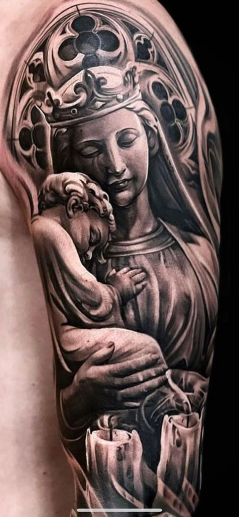 Saint Maria Tattoo, Mary Sleeve Tattoo, Religous Tattoo Arm Sleeve, Madonna Tattoo, Religous Tattoo, Mother Mary Tattoos, Maria Tattoo, Arm Tattoos For Guys Forearm, In Loving Memory Tattoos