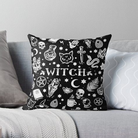 "WITCH PATTERN 2" Throw Pillow by medusadollmaker | Redbubble Witch Bedroom, Pastel Goth Room, Bedroom Needs, Witch Pattern, Goth Bedroom, Halloween Bedroom, Witch Core, Magic Tattoo, Horror Decor