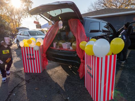 Popcorn Trunk Or Treat Ideas For Cars, Thrifty Trunk Or Treat Ideas, Trunk Or Treat Popcorn Theme, Spider Themed Trunk Or Treat, Anime Trunk Or Treat, Movie Theme Trunk Or Treat, Halloween Truck Ideas, Best Trunk Or Treat Ideas For Suv, Trunk Or Treat Movie Theme