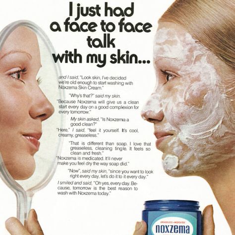 Vintage Noxema ad Fear Of Aging, Copywriting Ads, Funny Vintage Ads, Esthetician Marketing, Beauty Advertising, Old Makeup, Retro Beauty, Beauty Ad, Beauty Cream