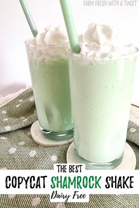 Blend up your own McDonald’s Copycat Shamrock Shake with just 4 ingredients to make this iconic St. Patrick’s Day treat right at home and completely dairy free! Made with easy, simple ingredients that come together quickly in a blender.  Enjoy this creamy, minty treat all year long and in the comfort of your own home. #dairyfree #shamrockshake #stpatricksdays #milkshake #mint Homemade Shamrock Shake, Dairy Free Breakfast Casserole, Dairy Free Dessert Easy, Drinks Alcohol Recipes Easy, Shamrock Shake Recipe, Dairy Free Muffins, Dairy Free Appetizers, Mint Shake, Mint Desserts