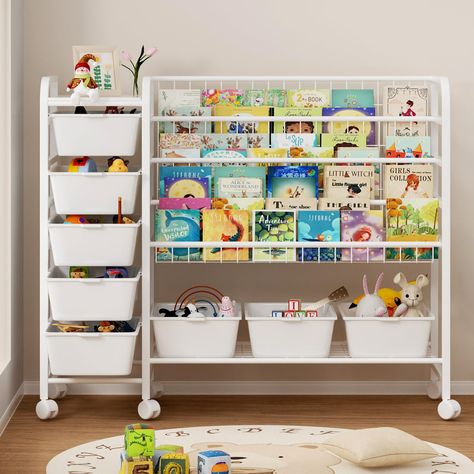 PRICES MAY VARY. EXTRA STORAGE SPACE: Compared to other separate kids bookshelves or toy storage organizer, EXPELAM metal kids bookshelf with toy organizer have combined the functions of both and created a larger capacity. The dimensions of kids bookshelf are 48.4"W x 14.5"D x 39.5"H ,giving you endless storage possibilities! HIGH-QUALITY MATERIAL: Compared with other metal bookshelves, EXPELAM metal kids bookshelf is made from higher quality materials, the metal fittings are thickened for great Toy Storage On Wall, You Organization Kids Room, Book And Toy Storage Ideas, Preschool Reading Nook, Kids Toy Storage In Living Room, Kids Book Organization, Organization For Kids Room, Kids Room Toy Organization, Kids Craft Organization