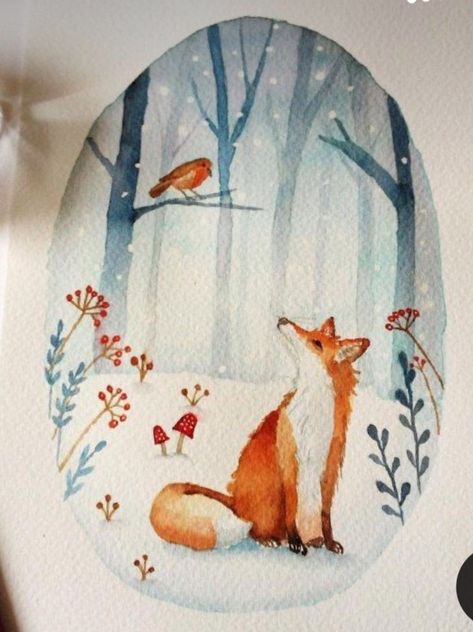 Christmas Fox Watercolor, Fox Painting, Fox Acrylic Painting, Watercolor Christmas Cards, Black Christmas Cards, Watercolour Animals, Painted Christmas Cards, Pet Christmas Cards, Fox Christmas