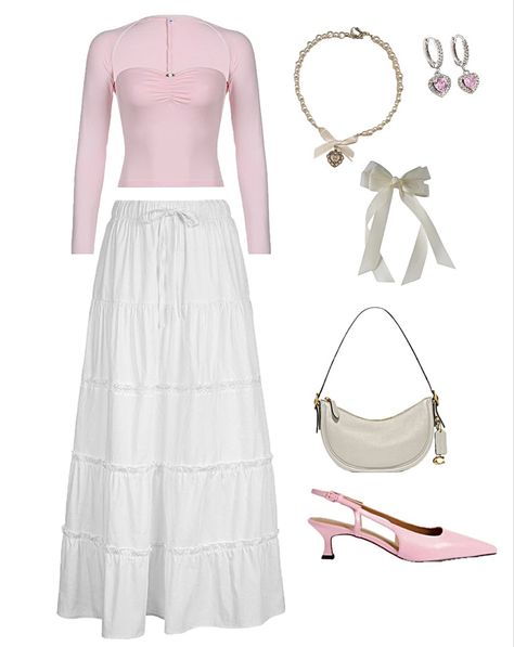 Pink top, fashion, pink outfit inspo, white skirt, white maxi skirt outfit inspo, pearl necklace, heart earrings, hair bow, bag, coach bag, white bag, pink heels, heels outfit inspo, summer outfit inspo, outfit of the day, cute outfit White Maxi Skirt Outfit, Pink Top Outfit, Long Pink Skirt, White Skirt Outfits, Maxi Skirt Outfit, White Maxi Skirt, White Long Skirt, Maxi Skirt Style, White Maxi Skirts