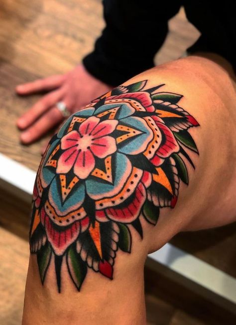 100 Best Traditional Tattoos Of All Time - TheTatt American Traditional Knee Tattoo, Traditional Knee Tattoo, Traditional Tattoo Knee, Knee Tattoo Ideas, Traditional Mandala Tattoo, Traditional Tattoo Flowers, Omerta Tattoo, Traditional Tattoo Sleeve, Elbow Tattoos