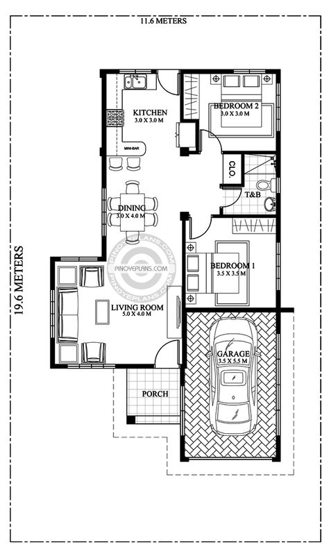 2 bedroom house floor plan Detailed House, 1 Bedroom House Plans, 6 Bedroom House Plans, House Plans South Africa, House Plan With Loft, One Bedroom House, Three Bedroom House Plan, One Storey House, Cool House Plans