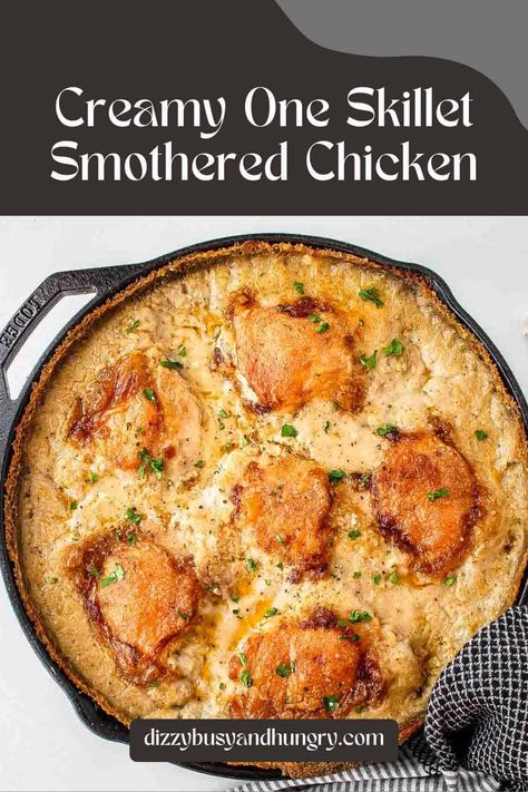 These Smothered Chicken Thighs are seared to perfection on the stove and covered in a homemade flour-based gravy. Baked to juicy perfection, this comforting recipe is easy to prep and will give you time for other things. Break out your 12 to 15 inch skillet and enjoy comfort food at its finest! This juicy and tender chicken dinner is perfect for a weeknight meal. Creamy Smothered Chicken, Chicken Ole, Smothered Chicken Thighs, New Mom Meals, Skillet Chicken Thighs, Chicken Thighs Dinner, Mom Meals, Slow Cooker Bread, Homemade Flour