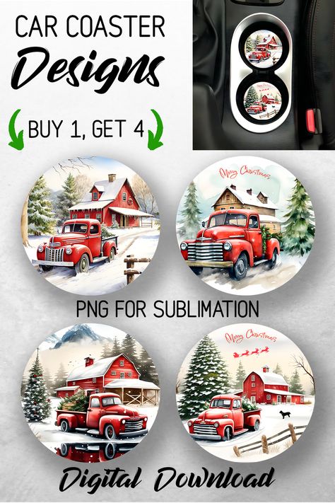 Car Coasters Sublimation Free, Car Coasters Sublimation, Coaster Sublimation Designs, Car Coaster Designs, Coaster Sublimation, Holiday Car, Stylish Car, Christmas Red Truck, Coaster Designs