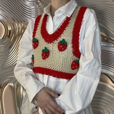 Beige hand made crochet top with red border and cute red strawberries Crochet Strawberry Vest, Crochet Strawberry Sweater, Crochet Strawberry Top, Strawberry Vest, Fruit Clothes, Crochet Sweater Design, Crochet Strawberry, Creative Knitting, Beige Vest