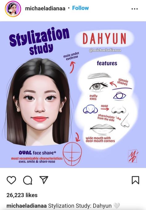 Twice Dahyun stylization, Michaela stylization, K-pop stylisation, Twice stylization, Michaela, michaeladianaa on Instagram , Dahyun art How To Draw A Korean Face, Michaeladianaa Stylization Study, Korean Eyes Draw, Dahyun Drawing, Stylization Study, Face Art Drawing, Face Study, Drawing Tutorial Face, Anatomy Study