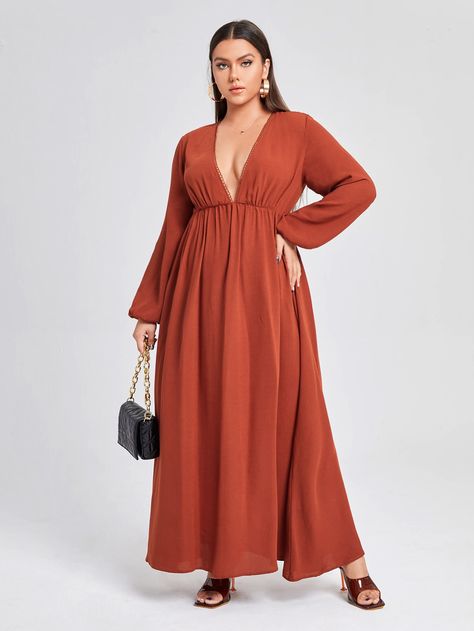 Burnt Orange Sexy  Long Sleeve Polyester Plain A Line Embellished Non-Stretch Spring/Fall Plus Size Dresses Burnt Orange Long Sleeve Bridesmaid Dresses, Maternity Dresses Burnt Orange, Burnt Orange & Navy Blue Plus Size Maxi Dresses, Orange Free Size V-neck Dress, Orange Gown, Orange Rayon V-neck Dress, Lantern Sleeve Dress, Shein Dress, Dress Plus Size